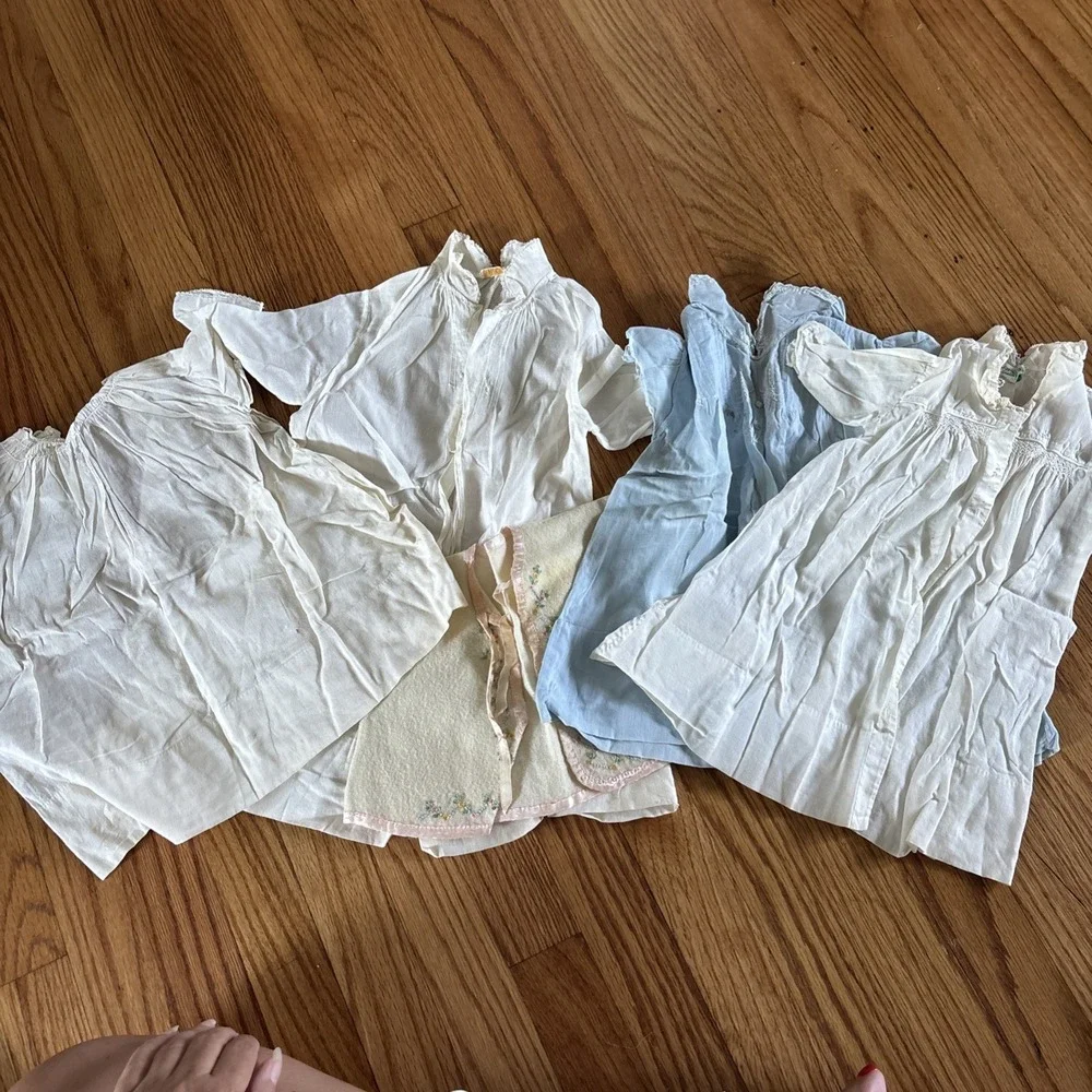 4 ANTIQUE VICTORIAN WHITES BABY DRESSES LONG GOWNS SIZE 6 MOS TO 1 YR W/ Sweater